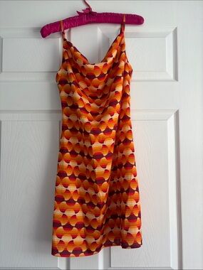 Urban Outfitters Satin Cowl Neck Mini Dress - Orange and Red Pattern